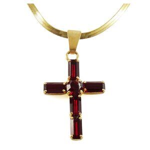 Red Rhinestone Cross Pendant on Flat Chain Necklace Religious Jewelry